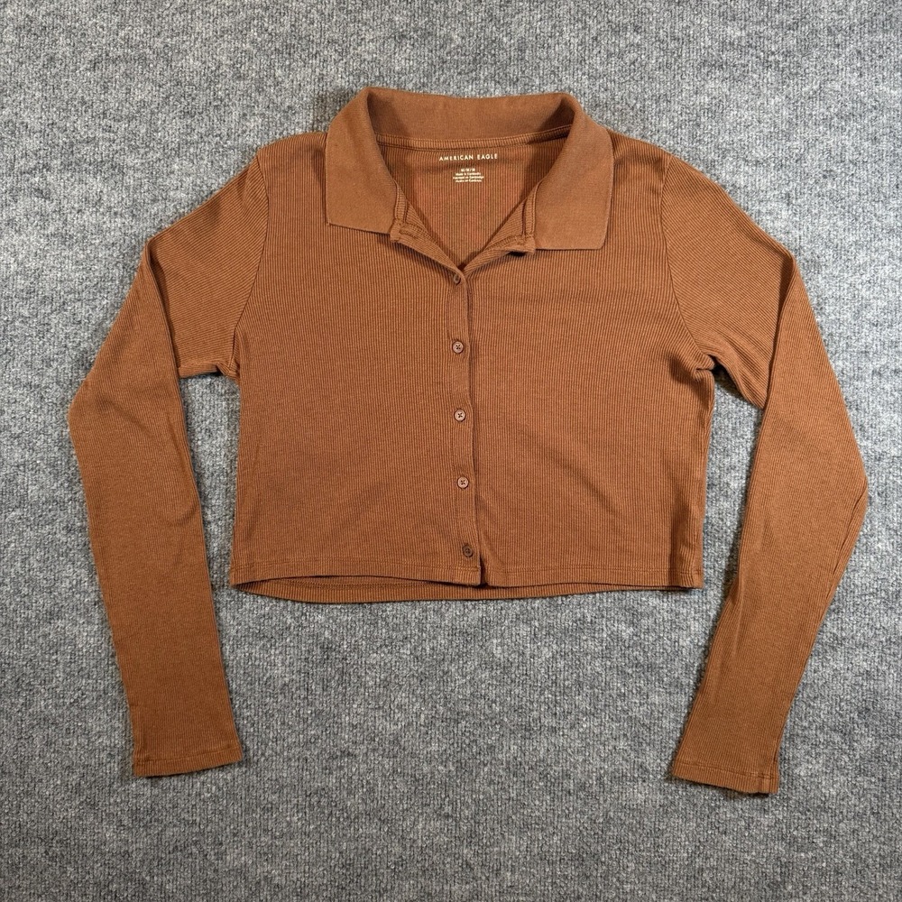 American Eagle Womens Long Sleeve Ribbed Cropped Collared Button Down M Brown